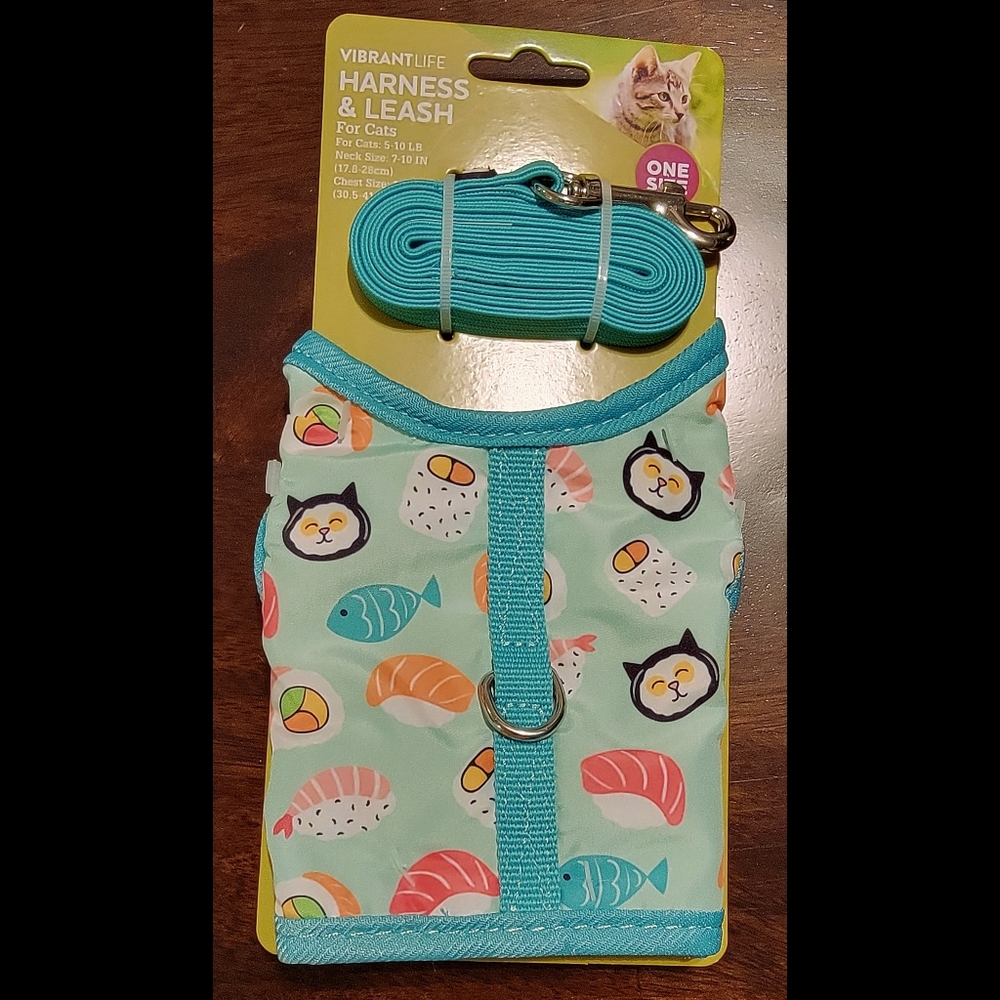 BNWT Vibrant Life One Size Green Blue Sushi Themed Cat Harness & Leash Set